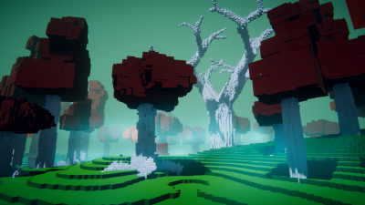 forest of trees with white logs and red crowns surrounding a giant tree with no leafs (voxel style)