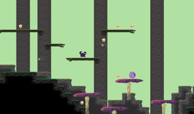 platforming level in which the playable cat jumps from branches to mushrooms in a forest setting
