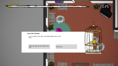 background: 2D living room with 2 people from a top-view perspective. Foreground: Interaction promp, allowing the player to open a birdcage or leave it closed.