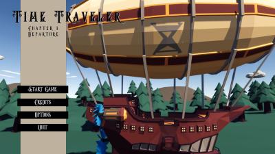 time traveler menu screen, showing a steampunk airship flying in front of an idyllic scenerie.