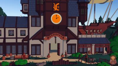 the townhouse of the  Settelment the game starrts in, prominently featuring a large Clock and the gears that power it.